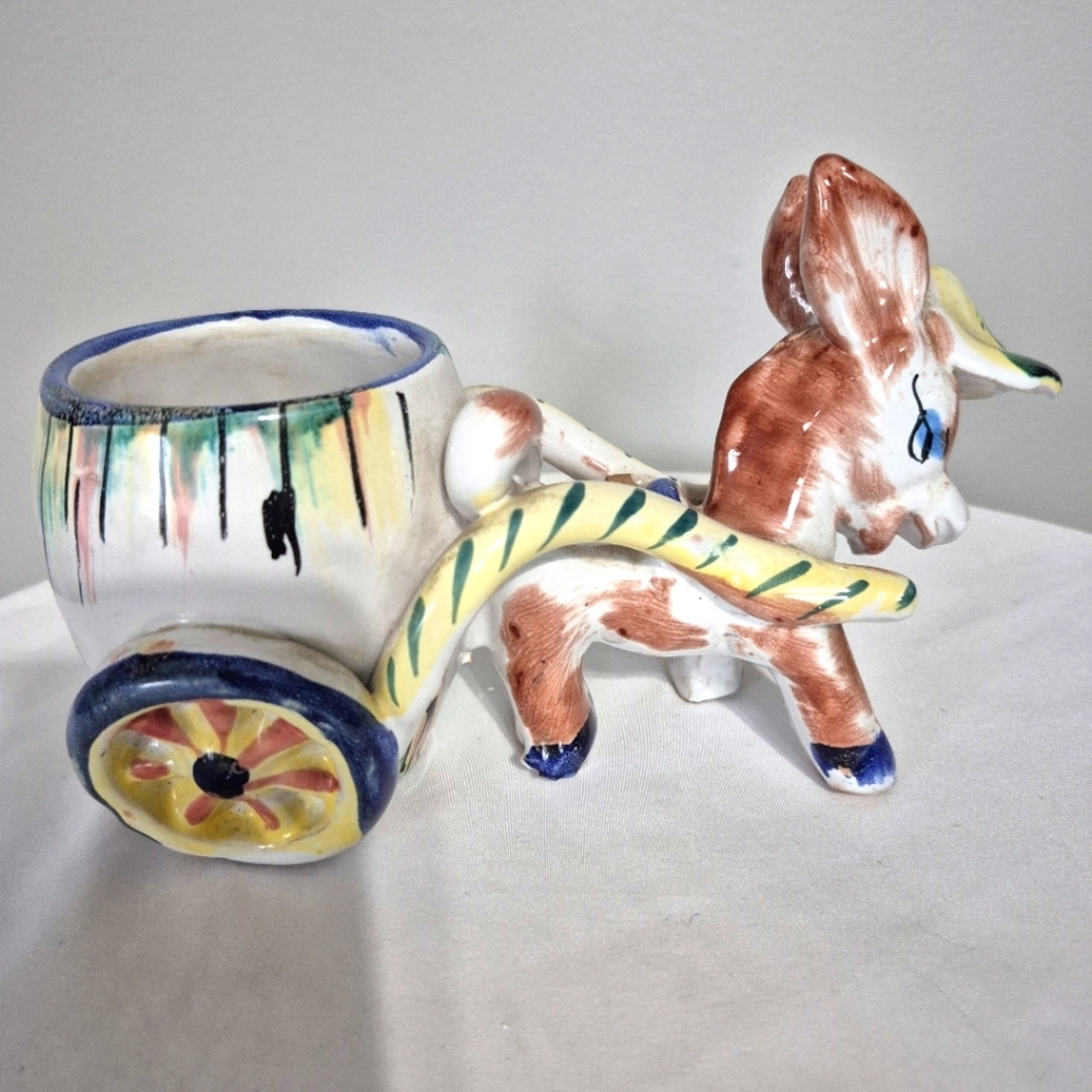 Vintage Italian Pottery Donkey And Cart Small Planter